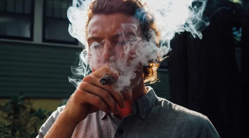 Mladý muž s dlhšími vlasami fajčí ciguru, tvár mu zahaľuje hustý dym